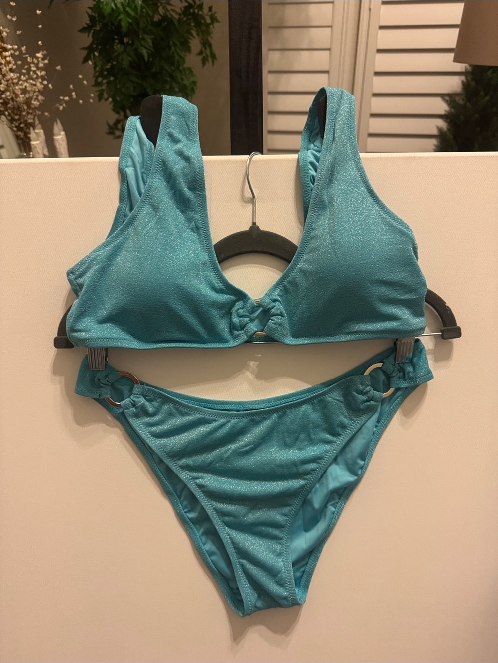 Kendall & Kylie Women’s Teal Shimmer Bikini Set - w/Silver Rings size Large